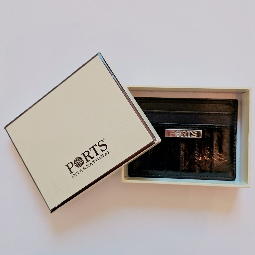 PORTS 1961 Black Eel Skin Exotic Leather Card Holder Silver Detail With Box.